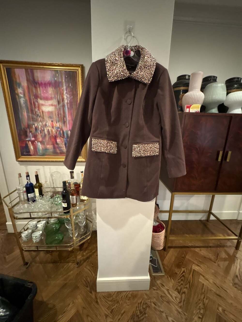 Colleen Lopez Faux Wool Coat Brown Removable Collar beaded detail pockets M